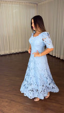 Vestido Midi Guipure Floral - Azul Serenity