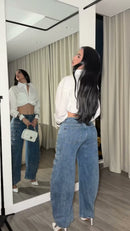 Calça Jeans Wide Leg Botões Militares - Azul Médio