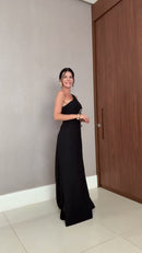 Vestido Longo Preto com Flores Bordadas - Preto