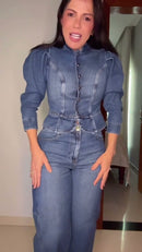 Conjunto Jeans Azul Medio Blusa Manga Longa Puff Gola Mandarim e Calça Pantalona - Jeans Azul Medio