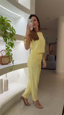 Conjunto Amarelo Limao Top Gola Redonda e Calça Pantalona - Amarelo Limao