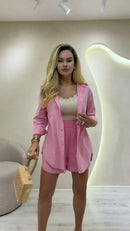 Conjunto 100% Linho Camisa e Shorts - Rosa