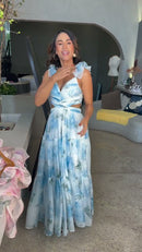 Vestido Floral Azul e Branco Midi Alças Finas Bustier e Saia Tiered - Azul Floral