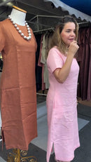Vestido 100% Linho Midi Reto Manga Curta e Fendas Laterais - Terracota