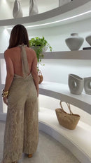 Conjunto Renda Dourada Top Halter Gola Alta e Calça Pantalona - Dourado Champagne