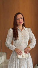 Conjunto Saia Midi Listrado Bordado - Bege Listrado
