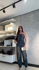 Macacão Jeans Sem Alças Estonado - Jeans Escuro Estonado