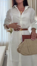 Vestido 100% Linho Branco Camisão Manga Comprida e Cinto Marrom - Branco