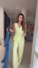 Conjunto Amarelo Limao Top Decote Quadrado Peplum e Calça Pantalona - Amarelo Limao