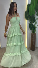 Vestido Longo Menta em Camadas - Verde Menta