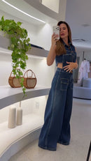 Conjunto Jeans Escuro Colete com Bolsos e Calça Pantalona Cargo - Jeans Azul Escuro