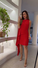 Vestido Vermelho Intenso Sem Mangas Drapeado Assimetrico - Vermelho