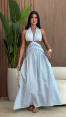 Vestido Longo Azul Frente Única - Azul Claro
