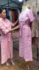 Conjunto 100% Linho Rosa Bebê Blusa Kimono e Saia Midi - Rosa Bebê