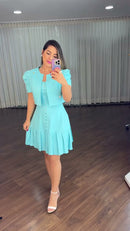 Vestido Azul Tiffany com Bolero 100% Linho - Azul Tiffany