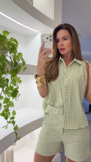 Conjunto Xadrez Verde Colete Botões e Short Mini - Verde e Branco Xadrez