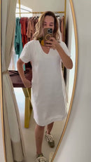 Vestido 100% Linho Branco Curto Manga Curta Gola V - Branco