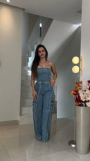 Macacão Jeans Cargo - Jeans Azul