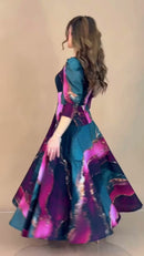 Vestido Longo Estampado com Zíper - Marmorizado Púrpura