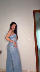 Macacão Jardineira Jeans Claro Alças Finas e Calça Wide-Leg - Jeans Azul Claro