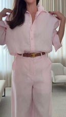 Conjunto 100% Linho Rosa Bebê Camisa Manga Comprida e Calça Pantalona - Rosa Bebê