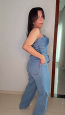 Conjunto Jeans Claro Top Bandeau Franzido e Calça Wide-Leg - Jeans Azul Claro