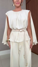 Conjunto Off-White Blusa Manga Morcego Franzida e Calça Pantalona - Off-White