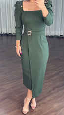Vestido Midi Envelope Decote Quadrado - Verde Militar