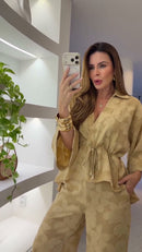 Conjunto Jacquard Floral Dourado Kimono Manga Morcego e Calça Pantalona - Dourado Champagne