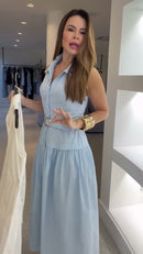 Vestido Azul Claro Camisão Sem Mangas Colarinho e Saia Tiered - Azul Claro