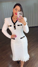 Vestido Midi Tweed Contraste - Branco