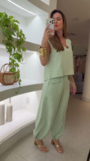 Conjunto Verde Menta Top Gola V e Calça Pantalona - Verde Menta