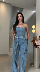 Macacão Jeans Cargo - Jeans Azul