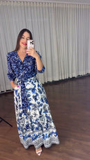 Vestido Longo Estampa Porcelana - Azul Porcelana