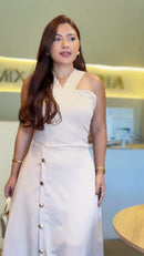Vestido Longo Decote Cruzado Botões - Bege