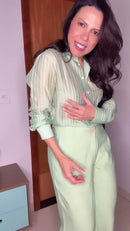 Conjunto Verde Menta Camisa Listrada e Calça Pantalona - Verde Menta