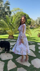 Vestido Midi Branco Estampa Rosas - Branco Floral
