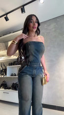 Macacão Jeans Sem Alças Estonado - Jeans Escuro Estonado