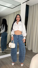 Calça Jeans Wide Leg Botões Militares - Azul Médio