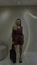 Conjunto 100% Linho Camisa e Shorts - Marrom Chocolate
