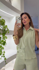 Conjunto Xadrez Verde Colete Botões e Short Mini - Verde e Branco Xadrez