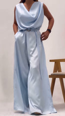 Macacão Pantalona Decote Drapeado - Azul Claro