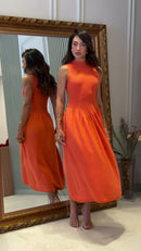 Vestido Midi Tricô Gola Alta - Laranja