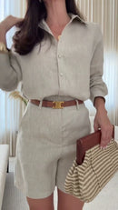 Conjunto 100% Linho Bege Camisa Oversized e Short Midi - Bege