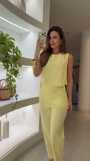 Conjunto Amarelo Limao Top Gola Redonda e Calça Pantalona - Amarelo Limao