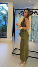 Conjunto Verde Militar Top Bustier Peplum e Calça Pantalona - Verde Militar