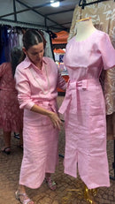 Conjunto 100% Linho Rosa Bebê Blusa Kimono e Saia Midi - Rosa Bebê