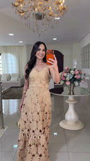 Vestido Longo Guipir Floral - Bege