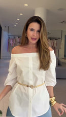 Blusa Off-White Ciganinha Manga Bufante e Ombros Caidos - Off-White