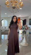Vestido Longo Marrom Gola Alta - Marrom Chocolate